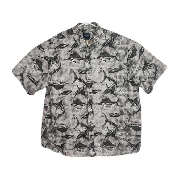 Harbor Bay Button-Up Men's Shirt Size 1XL Brown Fishing Print Short Sleeves - Picture 1 of 7